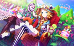 1girl aqua_eyes asymmetrical_legwear black_shorts black_thighhighs blonde_hair blue_shirt blue_sky bowl cake candle chair closed_mouth club_(shape) colorful_palette cup diamond_(shape) drink flower food foot_out_of_frame game_cg hair_ornament hairclip hat heart highres holding holding_saucer holding_teapot kagamine_rin lace looking_at_viewer mismatched_legwear official_art orange_flower project_sekai puffy_short_sleeves puffy_sleeves red_flower saucer shirt shoes short_sleeves shorts sitting sky smile solo spade_(shape) sparkle_print striped_clothes striped_thighhighs stuffed_animal stuffed_rabbit stuffed_toy stuffed_turtle table teacup teapot thighhighs third-party_source train two-tone_thighhighs vocaloid white_shoes white_thighhighs wonder_magical_showtime!_(project_sekai) yellow_hat