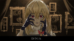 Rule 34 | 1girl, black gloves, blonde hair, bow, braid, chinese commentary, commentary request, cookie (touhou), d/n/a (vocaloid), gloves, hair bow, hands on own cheeks, hands on own face, highres, jipu (molakesiyouqianguanwozhonglishenmeshi), kirisame marisa, long hair, looking at viewer, parted lips, picture frame, red bow, red eyes, shirt, side braid, single braid, solo, suzu (cookie), touhou, unusually open eyes, upper body, white shirt