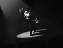 1boy absurdres ant_tenna arm_up commentary crt deltarune english_commentary full_body gloves greyscale hat highres male_focus monochrome object_head pants pointy_nose shadow shoes smile solo spotlight stage standing starridge tailcoat
