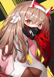 1girl bare_shoulders black_background breasts brown_hair cleavage commentary english_commentary gloves hair_ribbon hairband large_breasts long_hair looking_at_viewer mask mouth_mask orange_eyes original red_gloves ribbon sleeveless solo two-tone_background upper_body v v-shaped_eyebrows white_hairband white_ribbon wookyung yellow_background