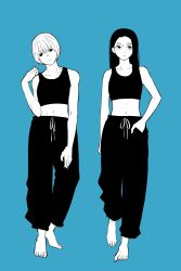 2girls baby_walkure barefoot blue_background buntan_oishina closed_mouth commentary_request fukagawa_mahiro greyscale_with_colored_background hand_in_pocket highres long_hair midriff multiple_girls navel pants protected_link short_hair simple_background sugimoto_chisato tank_top