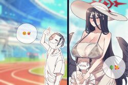 1boy 1girl absurdres anygatsby bare_shoulders black_bra black_hair black_panties black_wings blue_archive blush bra breast_rest breasts cleavage collarbone cosplay doodle_sensei_(blue_archive) dress feathered_wings hair_between_eyes halo hasshaku-sama hasshaku-sama_(cosplay) hasumi_(blue_archive) hat highres huge_breasts long_hair long_hair_between_eyes low_wings mole mole_under_eye panties red_eyes red_halo see-through_cleavage see-through_clothes see-through_dress sensei_(blue_archive) sun_hat underwear very_long_hair white_dress wings