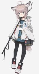 1girl ahoge animal_ear_fluff animal_ears arknights black_pantyhose black_shoes black_shorts blue_shirt brown_hair closed_mouth commentary cross full_body gloves greek_cross grey_background grey_eyes highres jacket long_sleeves looking_at_viewer open_clothes open_jacket pantyhose pantyhose_under_shorts red_cross saiy0u shirt shoes short_shorts shorts simple_background solo sussurro_(arknights) tail white_gloves white_jacket wide_sleeves