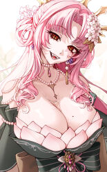 1girl black_dress breasts dress fangs flower hair_flower hair_ornament highres huge_breasts indie_virtual_youtuber jewelry long_hair looking_at_viewer matara_kan mole mole_on_breast necklace open_mouth pearl_necklace pink_hair slit_pupils solo sweat teeth tiara virtual_youtuber waytok white_flower yellow_eyes