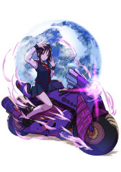 1girl black_shoes black_skirt closed_mouth commentary_request hands_up jojo_no_kimyou_na_bouken jojo_pose kazuno_sarah kneehighs loafers long_sleeves looking_at_viewer love_live! love_live!_sunshine!! motor_vehicle purple_eyes purple_hair school_uniform seisen_school_uniform shamakho shoes side_ponytail skirt smile socks solo white_background white_socks