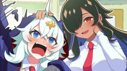 2girls ahoge angry anime_coloring aqua_hair artist_request black_hair blue_eyes blue_hair blue_jacket blush_stickers breasts brown_hair classroom close-up colored_inner_hair dark-skinned_female dark_skin dragon_musume_ni_naritakunai! duel_masters fang grey_hair hair_ornament hair_over_one_eye hand_on_another&#039;s_head hand_on_own_cheek hand_on_own_face headpat height_difference indoors jacket kumada_suzu large_breasts long_hair long_sleeves motion_lines multicolored_hair multiple_girls necktie official_art open_clothes open_jacket open_mouth orange_eyes red_necktie sava_k_zeos shirt sidelocks skirt sleeves_past_fingers sleeves_past_wrists smile tears teeth upper_teeth_only vest waving_arms white_hair white_shirt yellow_vest