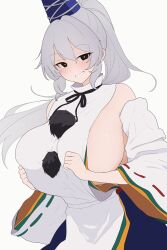 1girl absurdres alternate_breast_size bare_shoulders breasts detached_sleeves dress grey_hair hat highres huge_breasts japanese_clothes kariginu long_hair long_sleeves looking_at_viewer mononobe_no_futo moriforest1040 open_mouth pom_pom_(clothes) ponytail ribbon sideboob simple_background skirt smile solo tate_eboshi touhou white_background wide_sleeves