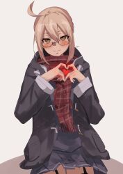 1girl absurdres ahoge artoria_pendragon_(fate) blonde_hair blue_shirt blue_skirt blush braid breasts fate/grand_order fate_(series) glasses hair_between_eyes hair_bun heart heart_hands highres hood hooded_jacket jacket long_hair long_sleeves looking_at_viewer medium_breasts mysterious_heroine_x_alter_(fate) mysterious_heroine_x_alter_(first_ascension)_(fate) plaid_clothes plaid_scarf pleated_skirt purple_jacket red_scarf s4ika scarf shirt sidelocks skirt smile solo thighs yellow_eyes
