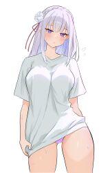 1girl absurdres breasts cowboy_shot emilia_(re:zero) highres large_breasts long_hair panties purple_eyes purple_hair purple_panties re:zero_kara_hajimeru_isekai_seikatsu shirt simple_background solo underwear warg_game white_background white_shirt