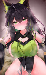 1girl :o absurdres ahoge arknights bare_shoulders black_hair black_leotard blush breasts cleavage colored_inner_hair covered_navel emoji green_eyes green_hair green_leotard groin hair_between_eyes hair_intakes highleg highres hot huge_ahoge large_breasts leotard long_hair looking_at_viewer min1910 mon3tr_(arknights) multicolored_hair parted_lips solo steaming_body sweat