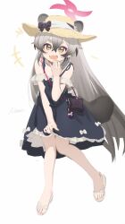 +++ 1girl :3 alternate_costume animal_ears black_dress blue_archive blush commentary dress ears_through_headwear eyeshadow fang full_body gradient_hair grey_hair hand_on_own_thigh hat highres hikimayu knees_together_feet_apart laughing long_hair looking_at_viewer makeup michiru_(blue_archive) multicolored_hair nemo_(leafnight) no_socks open_mouth raccoon_ears raccoon_girl raccoon_tail sandals simple_background sleeveless sleeveless_dress smile solo spaghetti_strap sun_hat sundress symbol-only_commentary tail toenails toes v-shaped_eyebrows very_long_hair white_background yellow_eyes