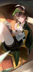 Rule 34 | 1girl, absurdres, black shorts, black vest, brown hair, cape, couch, feet out of frame, green cape, green eyes, green hat, hands up, hat, hat feather, highres, holding, holding notebook, holding quill, knees up, looking at viewer, mole, mole under eye, newsboy cap, notebook, on couch, open clothes, open vest, pantyhose, quill, recoleta (reverse:1999), reverse:1999, shirt, short shorts, shorts, shuxiuxiao, sitting, solo, vest, white pantyhose, white shirt
