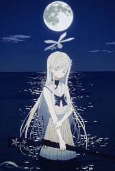 1girl arisaka bare_arms blue_archive blue_bow bolt_action bow flower full_moon gun hair_flower hair_ornament highres holding holding_gun holding_own_arm holding_weapon long_hair looking_at_viewer moon nagusa_(blue_archive) night night_sky nkymyura ocean partially_submerged rifle sailor_collar shirt sidelocks skirt sky sleeveless sleeveless_shirt solo weapon white_eyes white_flower white_hair white_sailor_collar white_shirt white_skirt