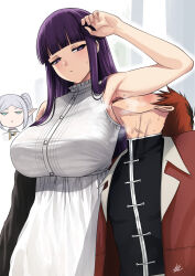 Rule 34 | 1boy, 2girls, arm up, armpits, black coat, black hair, breasts, capelet, coat, collar, commentary, dress, elf, english commentary, fern (sousou no frieren), frieren, frilled collar, frills, frown, green eyes, grey hair, highres, large breasts, licking, licking armpit, long dress, long hair, looking at another, multicolored hair, multiple girls, open clothes, open coat, pointy ears, purple eyes, purple hair, red hair, sidelocks, simple background, sleeveless, sleeveless dress, sousou no frieren, stark (sousou no frieren), straight hair, sweat, tongue, tongue out, triangle mouth, twintails, two-tone hair, white capelet, white dress, xter