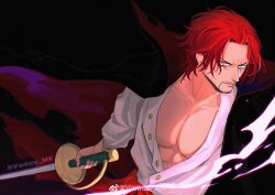 Rule 34 | 1boy, absurdres, bare pectorals, beard, black background, cape, closed mouth, connected beard, facial hair, highres, holding, holding sword, holding weapon, looking at viewer, male focus, one piece, pectorals, red hair, scar, scar across eye, scar on face, shanks (one piece), shirt, short hair, solo, sword, torn cape, torn clothes, vamos mk, weapon, white shirt