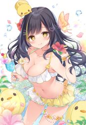 1girl ball bare_shoulders beachball bikini black_hair blonde_hair blush breasts bug butterfly butterfly_hair_ornament character_ball cleavage closed_mouth collarbone cup drinking_straw flower frills glass hair_flower hair_ornament highres holding holding_cup insect large_breasts long_hair looking_at_viewer multicolored_hair navel original shirosei_mochi smile solo stomach streaked_hair swimsuit very_long_hair white_bikini yellow_bikini yellow_eyes