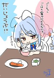 1girl :i aged_down animal_ears blush bow bowl braid brown_eyes carrot_hair_ornament chair chibi chopsticks closed_mouth collared_dress commentary dress ears_down food-themed_hair_ornament hair_bow hair_ornament highres holding holding_bowl holding_chopsticks hololive kiritoma long_hair on_chair plate puffy_short_sleeves puffy_sleeves rabbit-shaped_pupils rabbit_ears rice rice_bowl short_eyebrows short_sleeves signature simple_background sitting solo symbol-shaped_pupils table thick_eyebrows translation_request trembling twin_braids twintails upper_body usada_pekora virtual_youtuber white_background white_bow