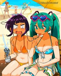 5girls aqua_eyes aqua_hair arm_tattoo ass beach beach_umbrella bikini bikini_skirt blue_bikini boku_no_hero_academia brazilian_miku breasts can clothes_lift collarbone commentary crossover day double_bun english_commentary eyewear_on_head frilled_bikini frills hair_bun hatsune_miku heart heart-shaped_eyewear highleg highleg_bikini highres holding holding_can holding_water_gun jiro_kyoka kasane_teto licking lifting_own_clothes medium_breasts messy_hair multiple_girls nail_polish navel number_tattoo open_mouth orange_bikini outdoors patreon_username purple_hair short_hair sitting skirt skirt_lift snegovski standing standing_on_one_leg sunglasses swimsuit tattoo thighs toga_himiko tongue tongue_out twintails umbrella v-shaped_eyebrows vocaloid watch water_gun wavy_mouth yuri