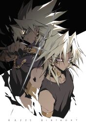 2boys absurdres dark-skinned_male dark_skin earrings english_text highres jewelry long_hair male_focus marik_ishtar millennium_rod multiple_boys purple_eyes smile upper_body xiao_(creation0528) yami_marik yu-gi-oh! yu-gi-oh!_duel_monsters