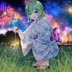 1girl :d aerial_fireworks back_bow black_sandals blue_kimono blush bow braid breasts character_request check_copyright commentary_request copyright_request drinking_glass_hair_ornament fireworks floral_print floral_print_kimono full_body grass green_eyes green_hair hair_ornament heart heart_hair_ornament highres holding holding_fireworks indie_virtual_youtuber japanese_clothes kimono long_sleeves looking_at_viewer medium_breasts mole mole_under_mouth night obi open_mouth photo_background print_kimono purple_sash sandals sash senkou_hanabi short_hair short_twintails smile solo sparkler squatting teeth twin_braids twintails upper_teeth_only virtual_youtuber wide_sleeves yukata yunagi_(arukumaruta)