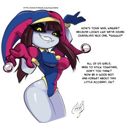 1girl absurdres asymmetrical_gloves biting_own_lip black_sclera blunt_bangs colored_sclera corruption dark_persona gloves hat highres hugothetroll jester jester_cap leotard mismatched_gloves multicolored_hat pomni_(the_amazing_digital_circus) sharp_teeth sidelocks simple_background smile solo speech_bubble striped_clothes striped_headwear striped_leotard teeth the_amazing_digital_circus thick_thighs thighs vertical-striped_clothes vertical-striped_leotard white_background wide_hips yellow_eyes