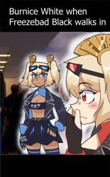 2girls artist_name black_jacket black_thighhighs black_tube_top blonde_hair blue-tinted_eyewear blue_eyes blush breasts burnice_white cleavage covering_own_mouth crop_top dark-skinned_female dark_skin dual_persona eyewear_on_head gloves hair_ornament hand_on_own_hip hand_over_own_mouth highres jacket meme multiple_girls polar_opposites red-tinted_eyewear red_eyes signature skirt spiked_jacket strapless sunglasses thighhighs tinted_eyewear tube_top twintails zeflefer zenless_zone_zero