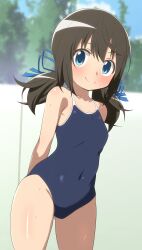1girl absurdres arms_behind_back blue_eyes blue_ribbon blush brown_hair chiaki_riko collarbone covered_navel cowboy_shot flat_chest hair_ribbon highres looking_at_viewer low_twintails mahou_shoujo_madoka_magica mahou_shoujo_madoka_magica_magia_exedra ribbon school_swimsuit shuruken_(yuumo) smile solo standing swimsuit twintails