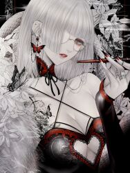 1girl absurdres blunt_bangs breasts bug butterfly butterfly_ornament chest_tattoo choker cleavage cleavage_cutout clothing_cutout ear_piercing eyelashes floral_background floral_print flower glasses grey_hair heart_cutout highres holding holding_smoking_pipe insect jewelry kiseru lace_trim large_breasts lily_(flower) lily_print lips mole mole_under_mouth original pale_skin parted_lips piercing red_nails revision ring round_eyewear satsuki_kei smoking_pipe snake solo tattoo white_hair