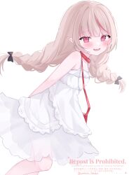 1girl arms_behind_back bag bare_shoulders belt_collar black_bow blunt_bangs blush bow braid collar dress fang feet_out_of_frame floating_hair from_side grey_hair hair_bow handbag highres lace_trim long_hair looking_at_viewer makaino_ririmu makaino_ririmu_(3rd_costume) multicolored_hair nijisanji parted_lips pointy_ears red_bag red_collar red_eyes red_hair see-through_clothes see-through_skirt shoulder_bag sidelocks simple_background skin_fang skirt sleeveless sleeveless_dress smile solo streaked_hair sundress twin_braids virtual_youtuber warewa_tanaka watermark white_background white_dress