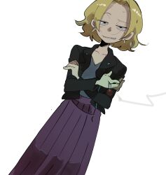 1girl aged_up amphibia blonde_hair blue_shirt cigarette crossed_arms dutch_angle earrings half-closed_eyes highres holding holding_cigarette jacket jewelry leather leather_jacket light_smile long_skirt looking_at_viewer mole mole_under_eye parted_bangs pleated_skirt purple_skirt raised_eyebrow samui522 sasha_waybright shirt short_hair skirt smoke smug solo teeth white_background