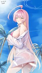 1girl :o ahoge armpit_crease ass bikini bikini_under_clothes blue_archive blue_sky blush breasts cloud dated day green_eyes hanako_(blue_archive) hanako_(swimsuit)_(blue_archive) highres large_breasts long_hair looking_at_viewer no_halo off_shoulder official_alternate_costume open_mouth outdoors palm_tree pink_hair shirt sideboob sky solo strap_gap swimsuit thighs ticker_(kks2ksy) tree very_long_hair white_shirt