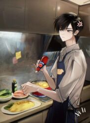 1boy absurdres anger_vein animal_print annoyed apron black_hair blue_apron blue_pants blunt_bangs bottle brown_eyes chinese_commentary closed_mouth collared_shirt commentary_request cooking cooking_pot cowboy_shot dog_print food frown grey_shirt highres holding holding_bottle ketchup_bottle light_blush looking_to_the_side male_focus mkmwyydlp notice_lines omelet omurice original pants pointy_nose shirt short_hair sleeves_rolled_up solo standing stove swept_bangs thick_eyebrows