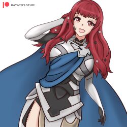 1girl absurdres alternate_costume blue_cape blue_sash breasts cape corrin_(female)_(fire_emblem) corrin_(female)_(fire_emblem)_(cosplay) cosplay facial_mark fire_emblem fire_emblem_engage fire_emblem_fates hair_ornament hayato_stuff highres long_hair looking_at_viewer medium_breasts nintendo red_eyes red_hair sash smile solo star_(symbol) star_facial_mark star_hair_ornament thighs yunaka_(fire_emblem)