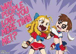 Rule 34 | 2girls, @ @, antenna hair, bike shorts under skirt, blonde hair, blue bow, bow, breasts, brown eyes, brown hair, clothes grab, commentary, crop top, cropped shirt, dated, drill hair, english commentary, english text, fangs, fingerless gloves, flat chest, garabato, gloves, headband, highres, kanzuki karin, kasugano sakura, medium breasts, mma gloves, multiple girls, navel, open mouth, pleated skirt, red undershirt, school uniform, serafuku, shirt grab, short hair, skirt, street fighter, street fighter zero (series), tears, undershirt, v-shaped eyebrows, watermark, web address, white headband