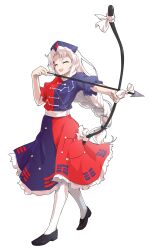 1girl ^_^ arrow_(projectile) black_shoes blue_dress blue_hat bow bow_(weapon) braid breasts closed_eyes collared_dress commentary_request constellation_print cross cross_print curtained_hair dairi drawing_bow dress flats floating_hair full_body hair_tie hand_up happy hat highres holding holding_arrow holding_bow_(weapon) holding_weapon large_breasts large_variant_set long_hair looking_at_object multicolored_dress no_nose nurse_cap open_mouth outstretched_arm pantyhose print_dress puffy_short_sleeves puffy_sleeves red_cross red_dress shoes short_sleeves sidelocks simple_background single_braid smile solo standing tachi-e tiptoes touhou transparent_background variant_set very_long_hair weapon white_bow white_hair white_pantyhose white_petticoat yagokoro_eirin