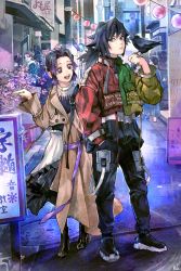 3boys 3girls absurdres akaza_(kimetsu_no_yaiba) alternate_costume animal animal_on_arm bird bird_on_arm black_hair blue_eyes brown_hair butterfly_hair_ornament closed_mouth commentary_request contemporary crow dress earrings gradient_hair hair_ornament hands_in_pockets highres jacket jewelry kamado_tanjirou kimetsu_no_yaiba kochou_shinobu koyuki_(kimetsu_no_yaiba) kyuuba_melo long_hair looking_at_another multicolored_hair multiple_boys multiple_girls open_mouth pocket ponytail purple_eyes purple_hair scar scar_on_face scar_on_forehead short_hair smile teeth tomioka_giyuu tsuyuri_kanao
