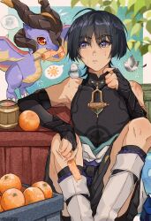 1boy 3others absurdres bird black_gloves black_hair black_shirt black_shorts black_sleeves blunt_ends dintoge dragon food food_in_mouth fruit genshin_impact gloves hair_between_eyes highres holding holding_food holding_popsicle japanese_clothes male_focus mini_durin_(genshin_impact) multiple_others orange_(fruit) popsicle popsicle_in_mouth purple_eyes scaramouche_(genshin_impact) shirt short_hair short_sleeves shorts wanderer_(genshin_impact)