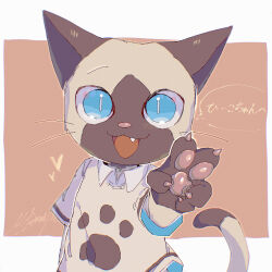 1other :3 absurdres animal_ears animal_hands animal_nose blue_eyes border cat cat_ears cat_tail commentary_request fang felyne furry highres looking_at_viewer monster_hunter_(series) mugi_kinako open_mouth other_focus pawpads shirt siamese_cat smile standing tail translation_request upper_body v white_border