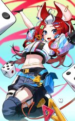 1girl :d absurdres animal_ear_fluff animal_ears arms_up asymmetrical_legwear bangs_pinned_back belt_pouch black_gloves black_hair blue_eyes blue_jacket blue_shorts commentary cropped_jacket dice ear_piercing fang fishnet_thighhighs fishnets foot_out_of_frame gloves hair_ornament hakos_baelz hakos_baelz_(casual) heart heart_tail highres hololive hololive_english jacket long_hair looking_at_viewer midriff mismatched_legwear mouse_ears mouse_girl mouse_tail multicolored_hair multicolored_jacket navel number_hair_ornament open_mouth piercing pink_jacket pouch red_hair safety_pin_piercing short_sleeves shorts smile solo star_(symbol) star_hair_ornament streaked_hair tail thighhighs virtual_youtuber white_hair white_jacket yarn_(yarn_03)