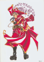 00s 1boy 1girl azuma_mayumi belt black_boots blue_eyes boots brown_gloves buckle clenched_teeth coud_van_giruet dress elemental_gelade eyepatch feathers female_focus fingerless_gloves from_behind full_body gloves hat hat_feather highres hook knee_boots long_sleeves looking_back pirate pirate_hat red_dress simple_background smile solo standing teeth white_background