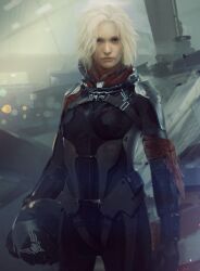 1girl absurdres belt black_bodysuit blonde_hair blue_eyes bodysuit breasts caldari_state_(eve_online) closed_mouth commentary cowboy_shot eve:_valkyrie eve_online flight_suit gloves grey_background grey_theme helmet highres holding holding_helmet holding_unworn_helmet lips looking_at_viewer medium_breasts medium_hair nose pilot pilot_helmet ran_kavik_(eve:_valkyrie) realistic science_fiction second-party_source solo standing unworn_headwear unworn_helmet