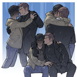 Rule 34 | 2boys, bandaged hand, bandages, bara, black coat, black gloves, black hair, black pants, black shirt, blonde hair, blue pants, blush, brown jacket, chris redfield, coat, ethan winters, gloves, highres, holding hands, hug, jacket, kalamari, large pectorals, looking at another, male focus, multiple boys, multiple views, muscular, muscular male, open clothes, open coat, open jacket, pants, pectorals, resident evil, resident evil village, shirt, short hair, smile, teeth, yaoi