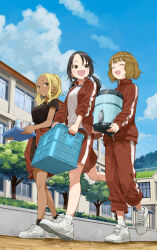 3girls :d ^_^ black_hair black_shirt black_skirt blonde_hair blue_sky breasts brown_eyes brown_hair brown_jacket brown_pants brown_shorts building closed_eyes closed_mouth clothes_around_waist cloud commentary_request day forehead gym_shirt highres himemiya_yuki holding holding_tray ichinose_karina jacket jacket_around_waist long_hair long_sleeves looking_to_the_side low_twintails manemane_nichinichi medium_breasts multiple_girls nagisa_akane official_art open_clothes open_jacket open_mouth outdoors pants parted_bangs pleated_skirt ponytail puffy_long_sleeves puffy_sleeves shirt shorts skirt sky sleeves_past_wrists small_breasts smile socks tan track_jacket track_pants track_suit tray tree twintails walking white_footwear white_socks window yamamoto_souichirou