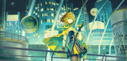 1girl absurdres aqua_eyes black_dress black_gloves black_pantyhose blonde_hair breasts building cape chinese_commentary cityscape closed_mouth commentary_request cowboy_shot dawder dress facing_viewer gloves highres holding looking_to_the_side medium_hair night night_sky original outdoors pantyhose sky skyscraper small_breasts smile solo standing star_(sky) starry_sky strapless strapless_dress yellow_cape