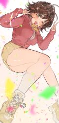 1girl ;d bare_legs bent_v blush breasts brown_hair confetti double_v fujima_(k114) highres honda_mio idolmaster idolmaster_cinderella_girls jacket looking_at_viewer medium_breasts one_eye_closed open_mouth pink_jacket pleated_skirt school_uniform skirt smile socks solo sparkle v white_socks yellow_skirt