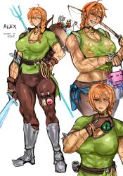 1girl abs alex_(minecraft) angry apple armor artist_name axolotl bandages belt bikini bird bow_(weapon) breasts bucket bucket_of_water character_name chicken choker cleavage english_text eye_of_ender fishing_rod food freckles fruit gem gloves gold_bikini greaves green_gemstone heterochromia highres holding holding_weapon large_breasts looking_at_viewer medium_hair minecraft minecraft_sword polearm ponytail potion rope scar see-through_clothes sfour_s4 shirt simple_background smile solo sweat swimsuit sword totem_of_undying trident weapon wet wet_clothes wet_shirt white_background