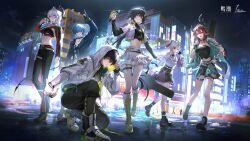 2boys 4girls absurdres arm_up black_gloves black_hair black_horns black_pants black_shirt black_shoes black_skirt black_tail blue_hair brant_(wuthering_waves) breasts carlotta_(wuthering_waves) ciaccona_(wuthering_waves) commentary_request crop_top curled_horns demon_tail female_rover_(wuthering_waves) fingerless_gloves gloves green_eyes grey_hair headphones headphones_around_neck highres holding holding_microphone hood hooded_jacket horns index_finger_raised jacket large_breasts logo long_hair long_sleeves looking_at_viewer male_rover_(wuthering_waves) microphone midriff multiple_boys multiple_girls navel official_alternate_costume official_art pants pointy_ears red_hair rover_(wuthering_waves) shirt shoes short_hair skirt smile stomach tail tree_horns white_jacket white_shirt white_skirt wuthering_waves yellow_eyes zani_(wuthering_waves)