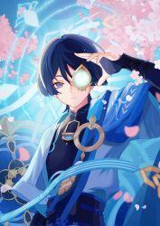 Rule 34 | 1boy, arm at side, armor, belt, black belt, black bodysuit, black bow, black bridal gauntlets, blue cape, blue gemstone, blue hair, blue halo, blue hat, blue kimono, blunt ends, bodysuit, bow, bridal gauntlets, cape, cherry blossoms, closed mouth, covering one eye, expressionless, eyeliner, eyeshadow, feathers, gem, genshin impact, glowing gem, gold, halo, halo behind head, han&#039;eri, hand up, hat, highres, japanese armor, japanese clothes, jingasa, kimono, kote, kurokote, layered kimono, looking at viewer, magic circle, makeup, male focus, mandala, mandarin collar, open clothes, open kimono, pom pom (clothes), purple eyes, purple rope, purple sash, red eyeliner, red eyeshadow, rope, sash, scaramouche (genshin impact), short sleeves, shoulder peek, solo, tsurime, unworn hat, unworn headwear, upper body, vision (genshin impact), wanderer (genshin impact), white kimono, white sleeves, white trim, xnoahru, yellow feathers