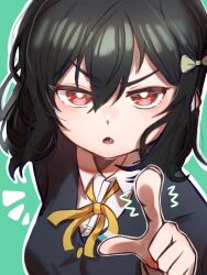 1girl ^^^ angry black_hair black_jacket bob_cut bright_pupils collared_shirt dress_shirt fang green_background hair_ribbon jacket long_sleeves looking_at_viewer love_live! love_live!_nijigasaki_high_school_idol_club mifune_shioriko neck_ribbon nijigasaki_school_uniform outline pointing pointing_at_viewer red_eyes ribbon school_uniform shirt short_hair simple_background solo upper_body v-shaped_eyebrows watagashi_nisei_(aoiro_2-gou) white_outline white_pupils white_shirt winter_uniform yellow_ribbon