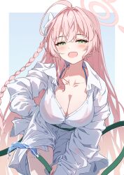 1girl :d absurdres ahoge bikini bikini_top_only blue_archive blue_background blush border bow braid breasts cleavage collarbone cowboy_shot crossed_bangs green_eyes hair_between_eyes hair_bow hair_intakes hanako_(blue_archive) hanako_(swimsuit)_(blue_archive) hand_on_own_hip highres holding holding_hose hose large_breasts long_hair long_sleeves looking_at_viewer open_mouth pink_hair see-through_clothes see-through_shirt seero shirt single_braid sleeves_past_fingers sleeves_past_wrists smile solo swimsuit unbuttoned unbuttoned_shirt very_long_hair water white_border white_bow white_shirt